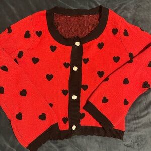 SHEIN Red Sweater with Black Heart Motif